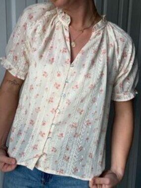 Easy Clothes Ecru Embroidered Carine Floral Blouse Size S/M Dainty Feminine